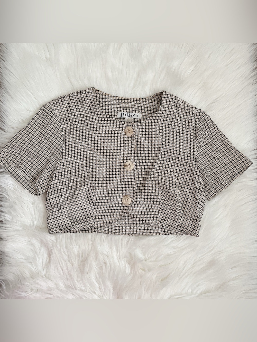Rampage Beige Plaid Cropped Button-Front Top